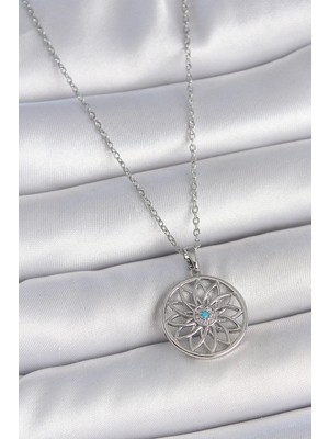 TKÇ Mey Ithalat® 316L Çelik Gümüş Renk Zincir Mavi Taşlı Lotus Model Kadın Kolye