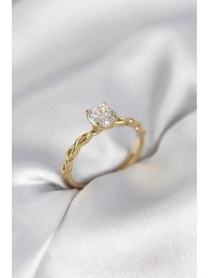 TKÇ Mey Ithalat® Gold Renk Sarmal Zincir Model Tek Taş Model Zirkon Taşlı Kadın Yüzük
