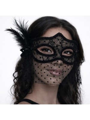 TKÇ Mey Ithalat® Siyah Dantel Tüllü Peçeli Parti Maskesi - Tüylü Inci Detaylı