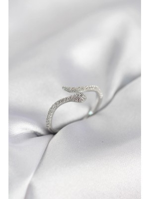 TKÇ Mey Ithalat® Gümüş Renk Yılan Model Zirkon Taşlı Kadın Yüzük