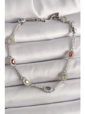 TKÇ Mey Ithalat® Pirinç Gümüş Renk Renkli Zirkon Taşlı Damla Taş Model Kadın Bileklik