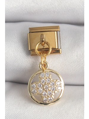 TKÇ Mey Ithalat® 316L Çelik Gold Renk Sallantı Zirkon Taşlı Yonca Model Nomination Charm