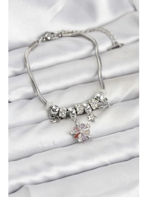 TKÇ Mey Ithalat® Pirinç Gümüş Renk Renkli Yıldız Charmlı Kadın Bileklik