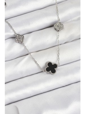 TKÇ Mey Ithalat® 316L Çelik Zincir Gümüş Renk Siyah ve Zirkon Taşlı Yonca Kadın Kolye