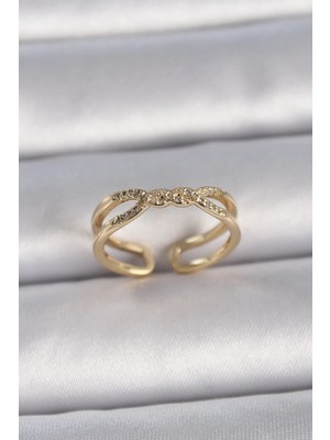 TKÇ Mey Ithalat® Pirinç Gold Renk Ayarlanabilir Zirkon Taşlı Sarmal Model Kadın Yüzük