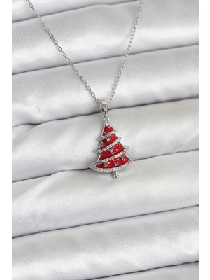 TKÇ Mey Ithalat® 316L Çelik Zincir Gümüş Renk Kırmızı Çam Ağacı Model Yılbaşı Temalı Kad