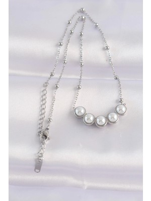 TKÇ Mey Ithalat® 316L Çelik Zincir Gümüş Renk Sıralı Inci Taşlı Kolye