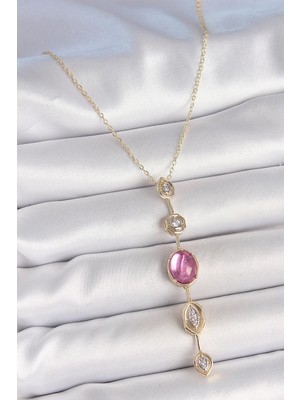 TKÇ Mey Ithalat® Pirinç Zincir Gold Renk Pembe Zirkon Taşlı Y Kolye