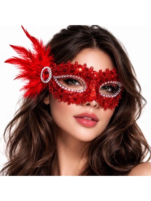 TKÇ Mey Ithalat® Kırmızı Taşlı Venedik Parti Maskesi – Tüylü Payetli