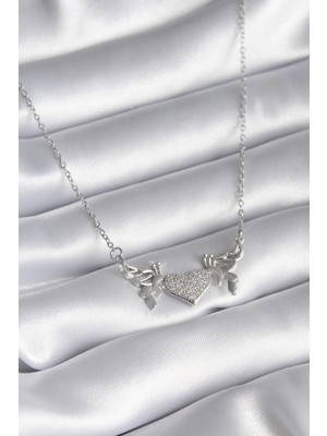TKÇ Mey Ithalat® 316L Çelik Gümüş Renk Zirkon Taşlı Kanat Kalp Model Kadın Kolye