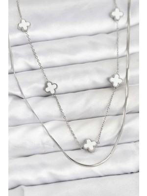 TKÇ Mey Ithalat® 316L Çelik Zincir Gümüş Renk Italyan Zincirli Yonca Model Kadın Kolye