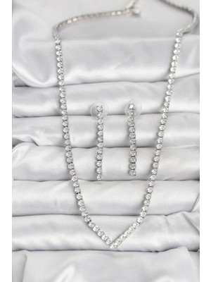 TKÇ Mey Ithalat® Gümüş Renk Zirkon Taşlı Kadın Kolye Küpe Seti