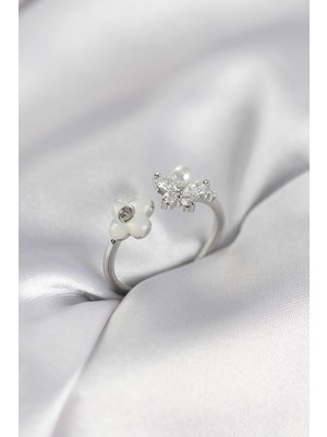 TKÇ Mey Ithalat® Gümüş Renk Sedefli Çiçek Model Kadın Yüzük