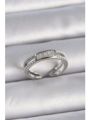 TKÇ Mey Ithalat® Pirinç Gümüş Renk Ayarlanabilir Sıralı Incili Zirkon Taşlı Kadın Yüzük