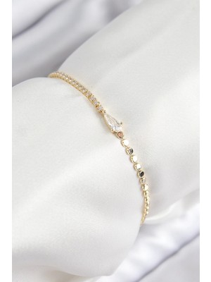 TKÇ Mey Ithalat® Pirinç Zirkon Taşlı Damla Model Ezme Zincir Gold Renk Kadın Bileklik