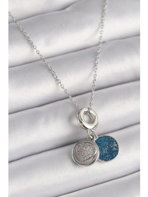 TKÇ Mey Ithalat® 316L Çelik Gümüş Renk Zincir Zirkon Taşlı Işleme Mavi Simli Kadın Kolye