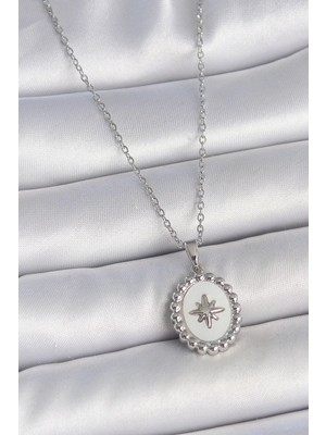 TKÇ Mey Ithalat® 316L Çelik Gümüş Renk Zincir Beyaz Mineli Kutup Yıldız Işlemeli Madalyon Mode