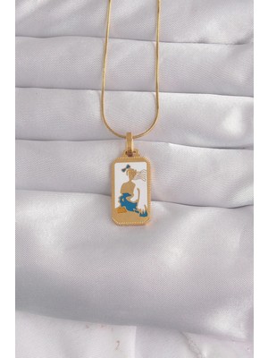 TKÇ Mey Ithalat® 316L Çelik Gold Renk Beyaz Mineli Kız Figür Tarot Kolye