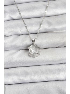 TKÇ Mey Ithalat® 316L Çelik Zincir Gümüş Renk Istiridye Inci Model Zirkon Taşlı Kadın Kolye