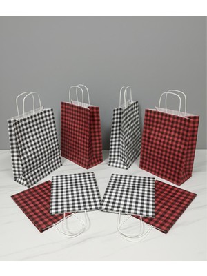 Aybaş Kağıtçılık 1.kalite 25X31 CM(10ADET)SIYAH(10ADET)KIRMIZI Renkli Büyük Boy Ekose Kraft Kağıt Çanta,hediye Paketi