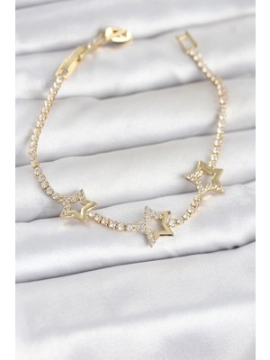 TKÇ Mey Ithalat® Pirinç Gold Renk Yıldız Model Zirkon Taşlı Su Yolu Kadın Bileklik