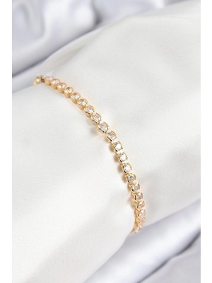 TKÇ Mey Ithalat® Pirinç Zirkon Taşlı Sıralı Model Gold Renk Asansörlü Kadın Bileklik