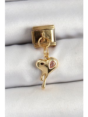TKÇ Mey Ithalat® 316L Çelik Sallantılı Zirkon Taşlı Eriyen Kalp Model Gold Renk Nomination Charm