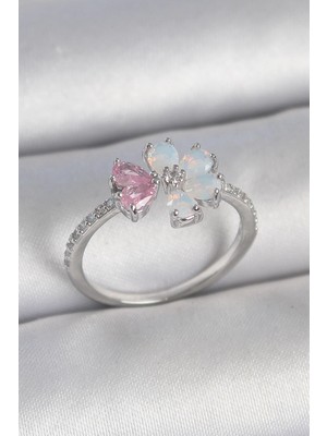 TKÇ Mey Ithalat® Pirinç Gümüş Renk Beyaz Mineli Pembe Zirkon Taşlı Çiçek Model Kadın Yüzük