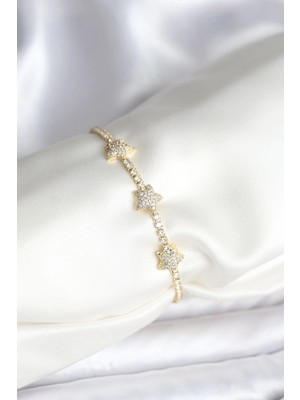 TKÇ Mey Ithalat® Yıldız Model Zirkon Taşlı Gold Renk Pirinç Su Yolu Kadın Bileklik