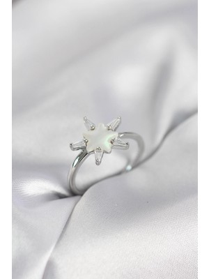 TKÇ Mey Ithalat® Gümüş Renk Yıldız Model Sedefli Zirkon Taşlı Kadın Yüzük