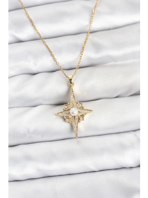 TKÇ Mey Ithalat® 316L Çelik Zincir Gold Renk Kutup Yıldızı Model Zirkon Taşlı Kadın Kolye