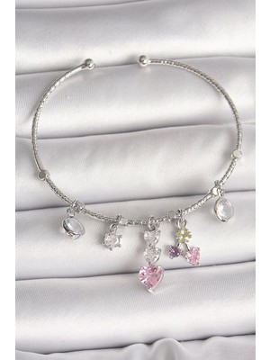 TKÇ Mey Ithalat® Pirinç Gümüş Renk Sallantı Zirkon Taşlı Kalp Figür Charm Kadın Bileklik