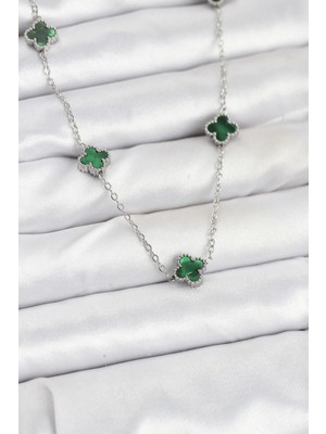 TKÇ Mey Ithalat® 316L Çelik Zincir Gümüş Renk Yeşil Baby Boy Yonca Kadın Kolye