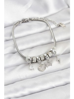 TKÇ Mey Ithalat® Pirinç Gümüş Renk Kelebek Charmlı Kadın Bileklik