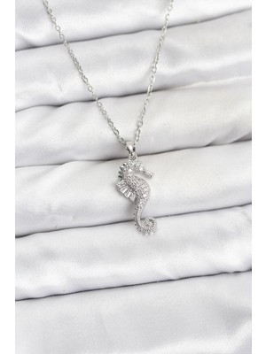 TKÇ Mey Ithalat® 316L Çelik Zincir Gümüş Renk Deniz Atı Model Zirkon Taşlı Kadın Kolye