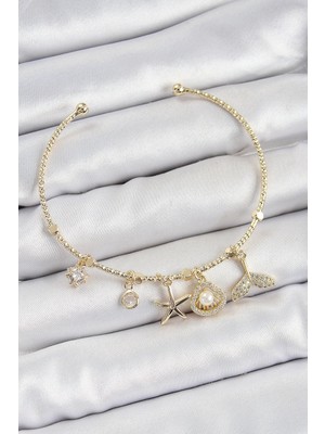 TKÇ Mey Ithalat® Pirinç Zirkon Taşlı Istiridye ve Deniz Yıldızı Model Gold Renk Charm Bileklik