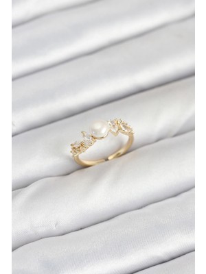 TKÇ Mey Ithalat® Pirinç Gold Renk Zirkon Taşlı Incili Model Kadın Yüzük