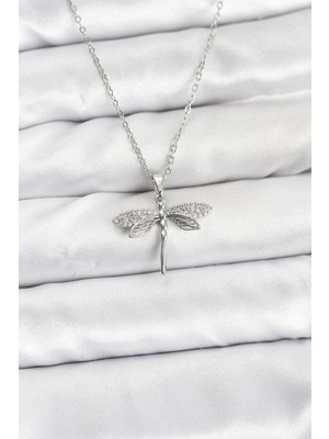 TKÇ Mey Ithalat® 316L Çelik Zincir Gümüş Renk Yusufçuk Model Zirkon Taşlı Kadın Kolye