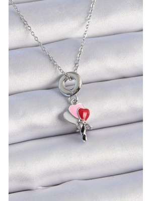 TKÇ Mey Ithalat® 316L Çelik Gümüş Renk Renkli Kalp Figür Charm Model Kadın Kolye