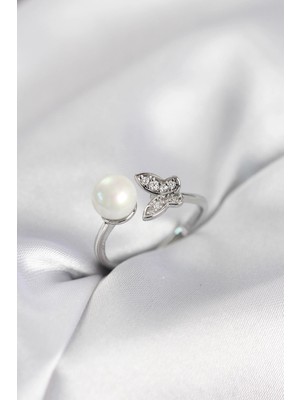 TKÇ Mey Ithalat® Kelebek Incili Model Gümüş Renk Zirkon Taşlı Kadın Yüzük