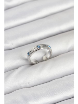 TKÇ Mey Ithalat® Pirinç Gümüş Renk Mavi Zirkon Taşlı Kutup Yıldızı Model Kadın Yüzük