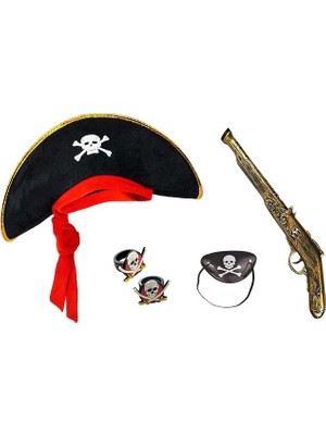 TKÇ Mey Ithalat® Korsan Şapkası + Tabanca + Maske + 2 Adet Yüzük Kostüm Seti Çocuk