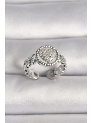 TKÇ Mey Ithalat® Pirinç Gümüş Renk Zincir Model Zirkon Taşlı Kalp Model Kadın Yüzük