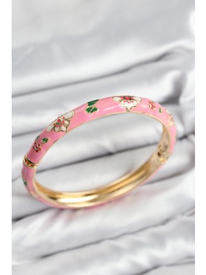 TKÇ Mey Ithalat® Mineli Pirinç Pembe Çiçek Motifli Gold Kadın Kelepçe