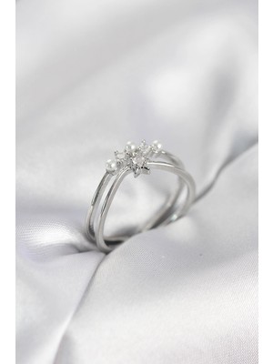 TKÇ Mey Ithalat® Gümüş Renk Incili Yıldız Model Zirkon Taşlı Kadın Yüzük