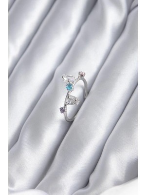 TKÇ Mey Ithalat® Gümüş Renk Renkli Zirkon Taşlı Kadın Yüzük