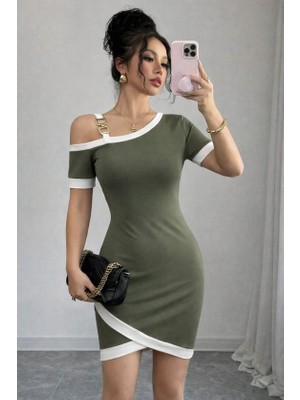 Arben Boutique Kadın Kısa Kollu Asimetrik Kesim Yaka Şerit ve Aksesuar Detaylı Modal Elbise
