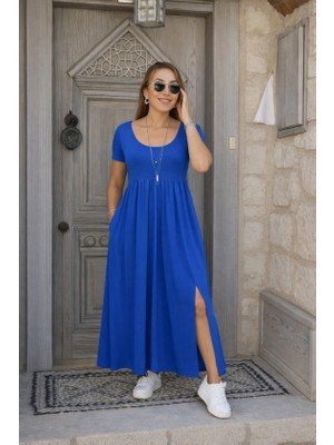 Arben Boutique Kadın Kısa Kollu Yuvarlak Yaka Önden Yırtmaçlı Cepli Viskon Uzun Elbise