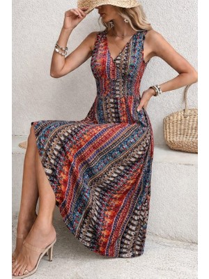 Arben Boutique Kadın Beli Gipeli Etnik Desen Sıfır Kol Süprem Elbise