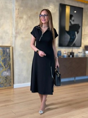 Sun & North Sun&north Kadın Kısa Kollu Yakadan ve Etekten Fermuarlı Midi Viskon Iki Iplik Elbise